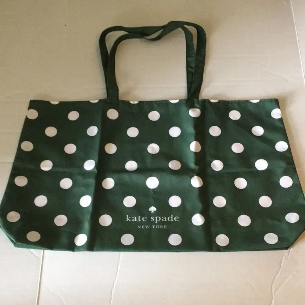 Kate Spade Large Beach Shop Toy Reusable Tote Bag Green White Polka Dot